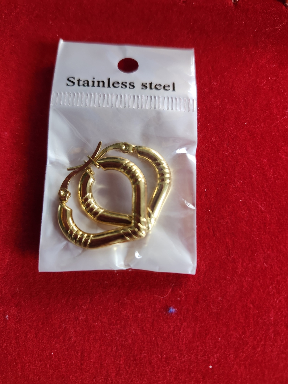 Gold Stainless Steel Hoop Earrings - Textured Heart-Shaped Design